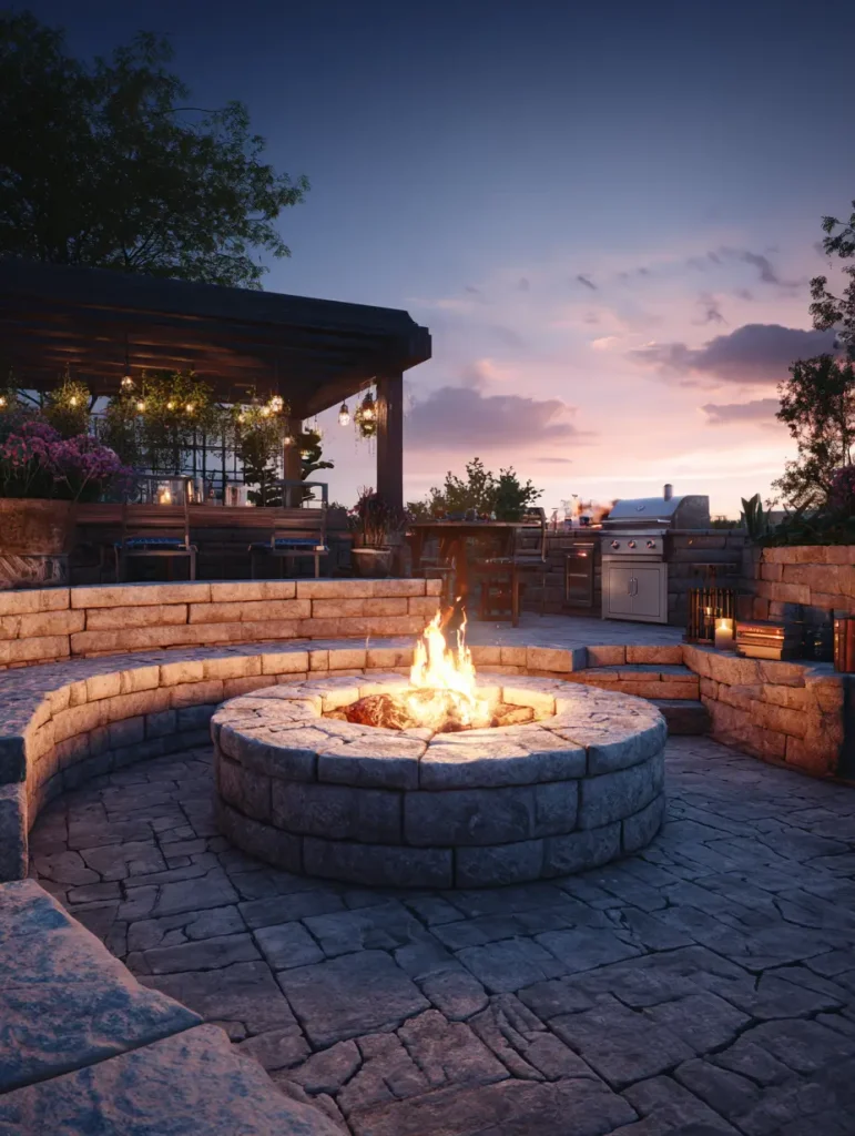 Outdoor stone fire pit with circular seating and an outdoor kitchen in the background.