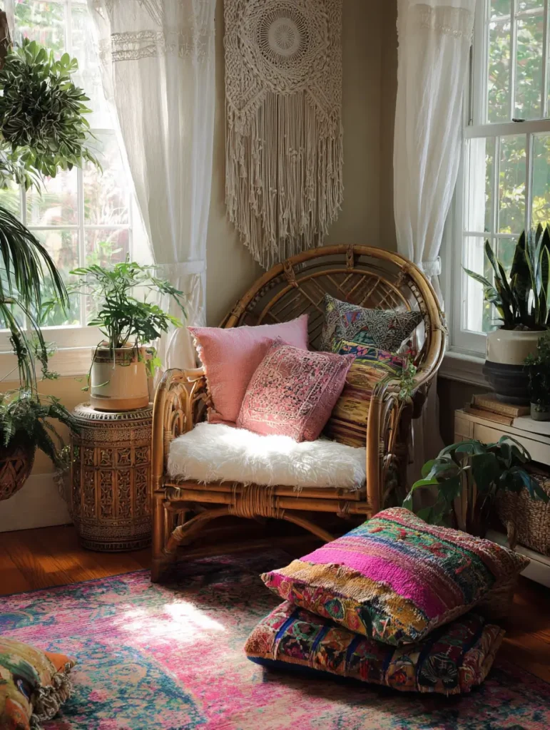 Boho-inspired reading corner with rattan chair, colorful patterned pillows, layered textiles, and lush indoor plants near a bright window.