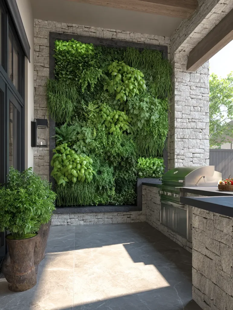 Outdoor kitchen with vertical herb garden wall and stone design.