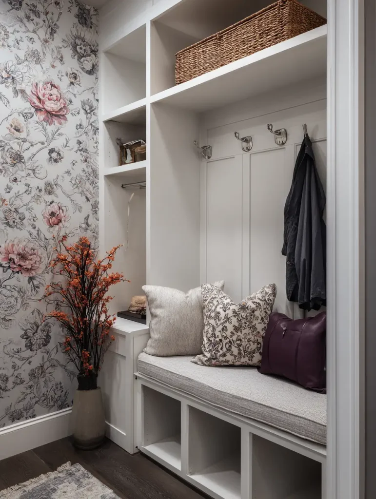 Small mudroom tucked into a closet nook with built-in white storage cubbies, cushioned bench seating, and floral accent wallpaper.
