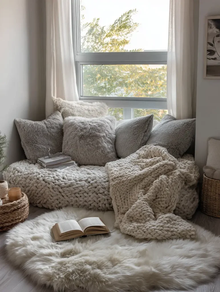 Cozy reading nook with fluffy blankets, soft throw pillows, and a faux fur rug placed near a window for natural light.