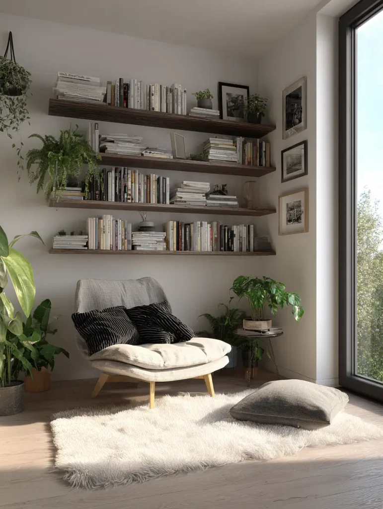 Cozy reading nook with a cushioned armchair, floating wooden shelves filled with books, indoor plants, and a soft rug in front of a large window.