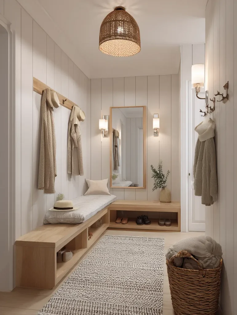 Small mudroom with wall sconces, wooden bench seating, woven baskets, and a large mirror for added light and style.