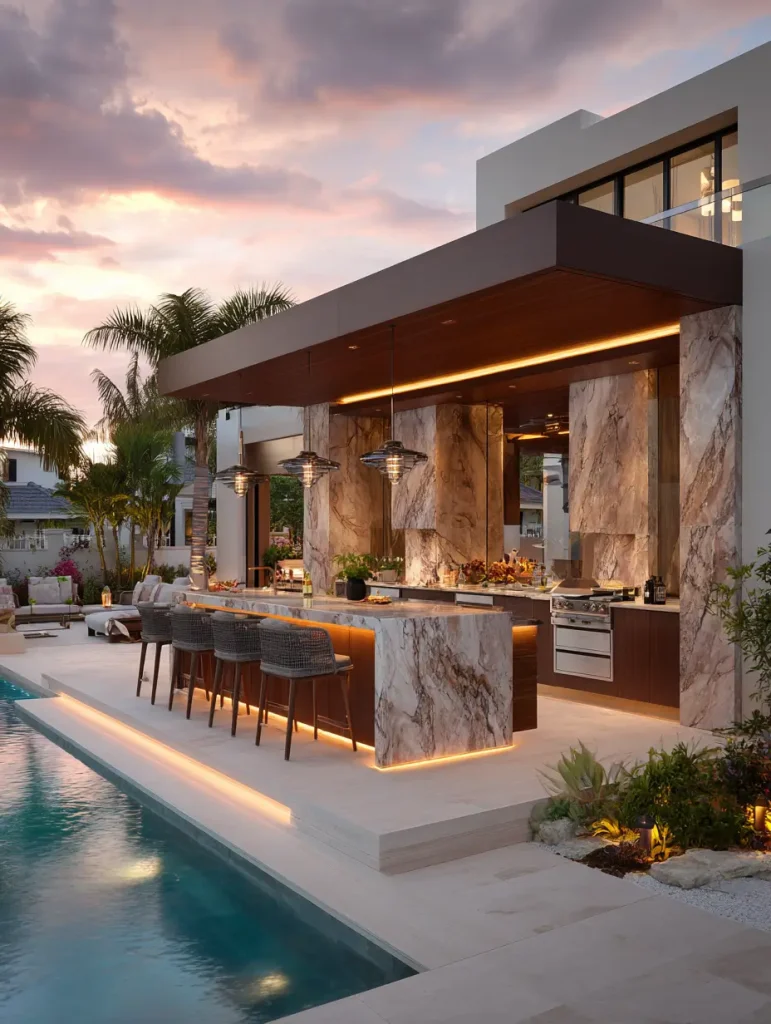 Luxury outdoor custom kitchen with marble countertops, bar seating, built-in grill, and ambient lighting beside a modern pool at sunset.