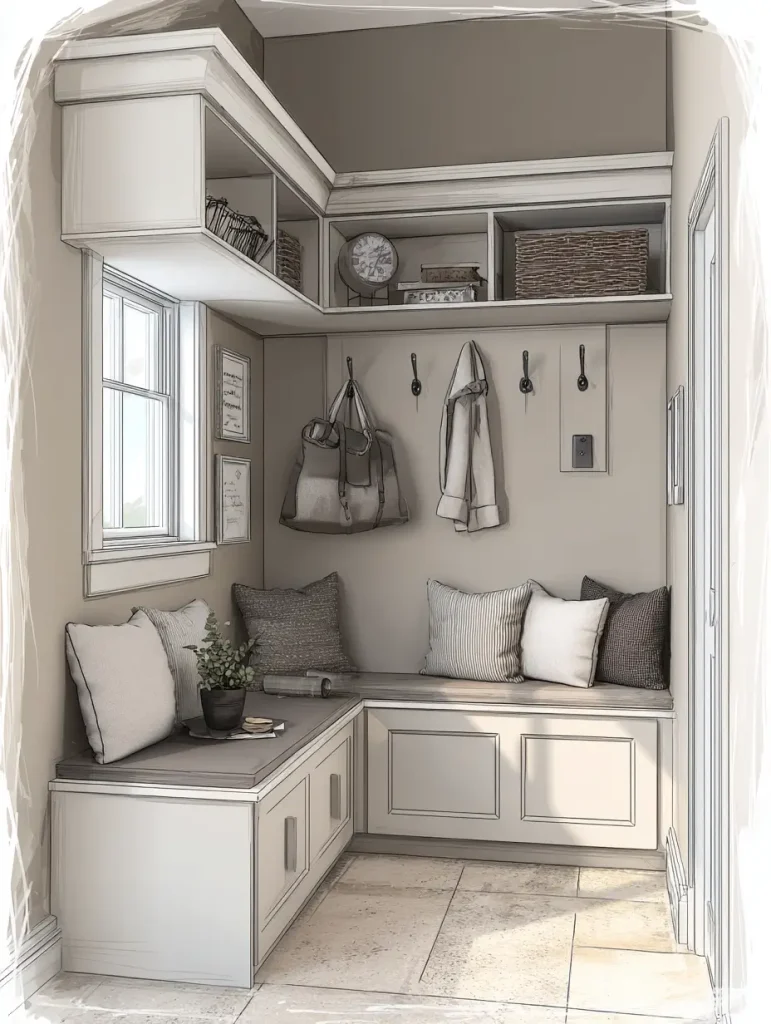 Built-in corner mudroom bench with overhead shelves, wall hooks, and storage cabinets, decorated with pillows and baskets.