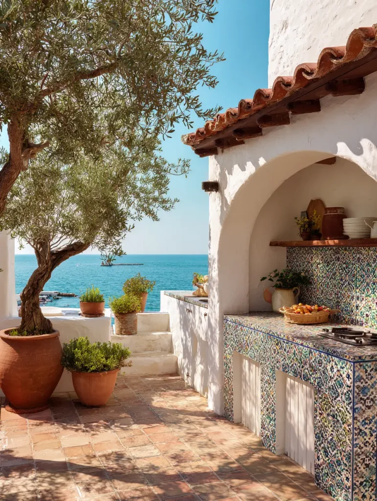 Mediterranean-style outdoor kitchen with colorful mosaic tile counters, white stucco walls, terracotta floor, and a view of the ocean.
