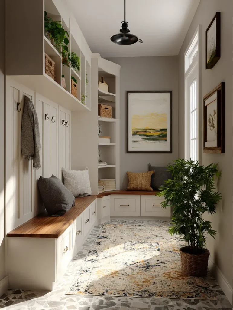 Small mudroom design with built-in white cabinetry, wood bench seating, storage drawers, wall hooks, open shelving with baskets and plants, and a patterned area rug for a functional yet stylish look.
