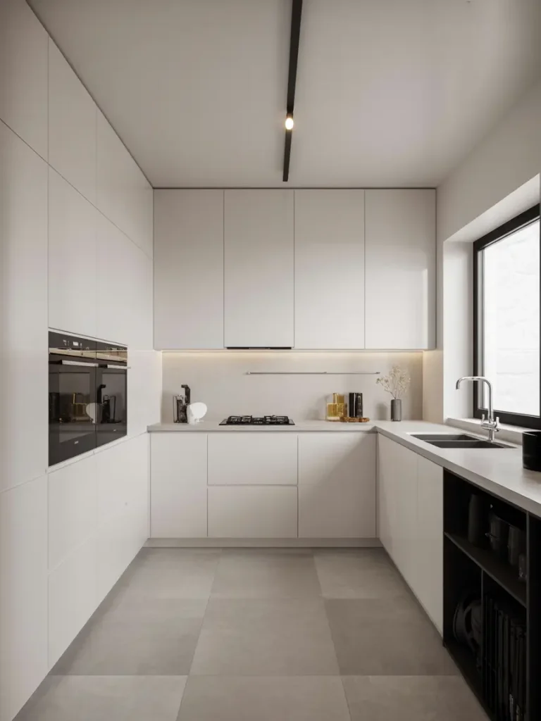 Modern white kitchen with sleek flat-panel cabinets, minimalist design, and neutral tones. Features integrated appliances, large floor tiles, and a clean, streamlined layout with a black-framed window.