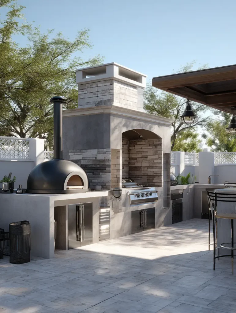 Modern backyard outdoor kitchen featuring a built-in grill, pizza oven, stainless steel appliances, and stone chimney setup with sleek countertops.