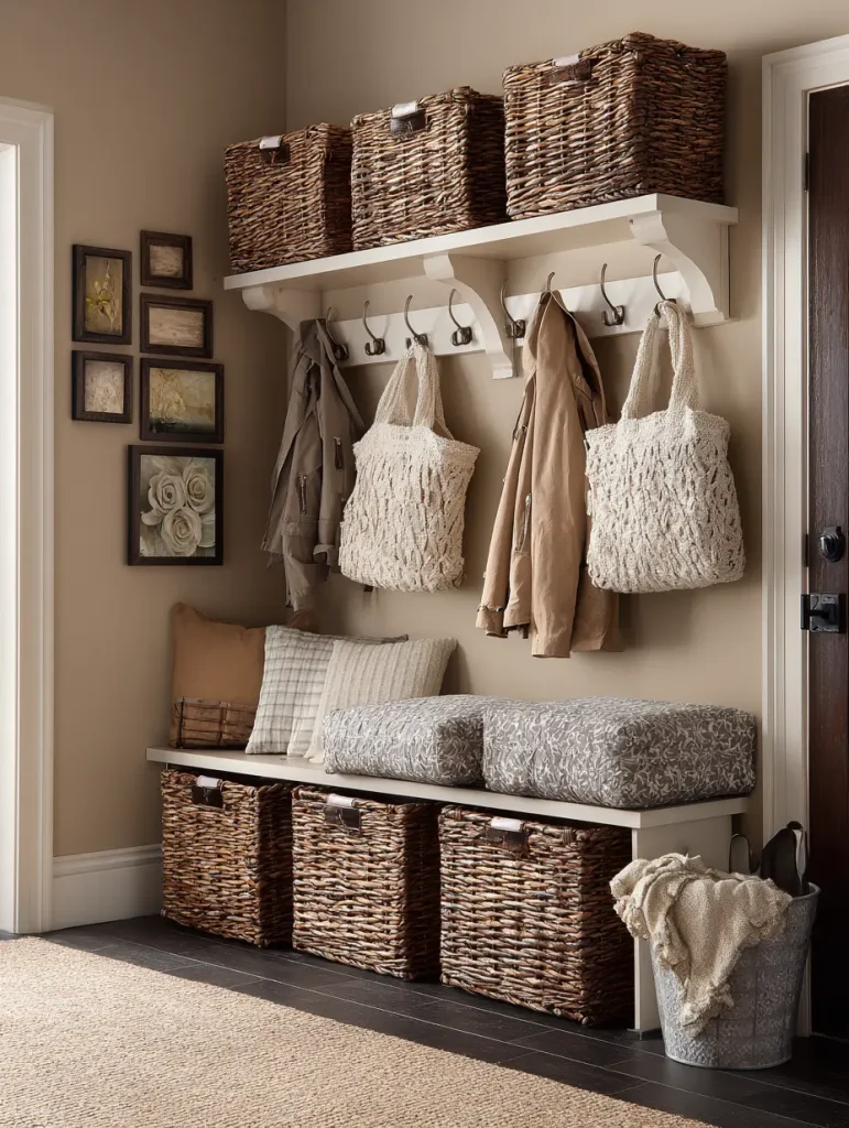 Small mudroom corner with a cushioned bench, woven baskets, wall hooks, and storage bins for coats and bags.
