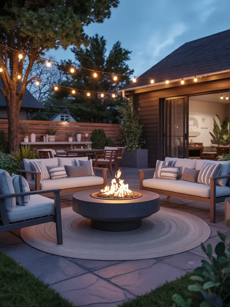 Outdoor fire pit with modern round design surrounded by cushioned patio seating and string lights at dusk.