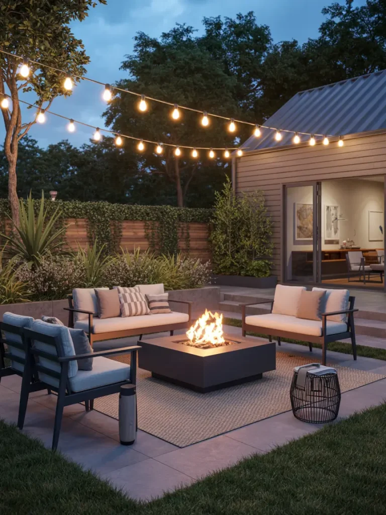 Outdoor patio with modern fire pit surrounded by cushioned seating and string lights at dusk.