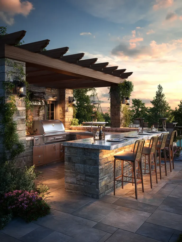 Luxury outdoor kitchen with stone countertops, built-in stainless steel grill, bar seating, and a wooden pergola, illuminated by warm lighting at sunset.