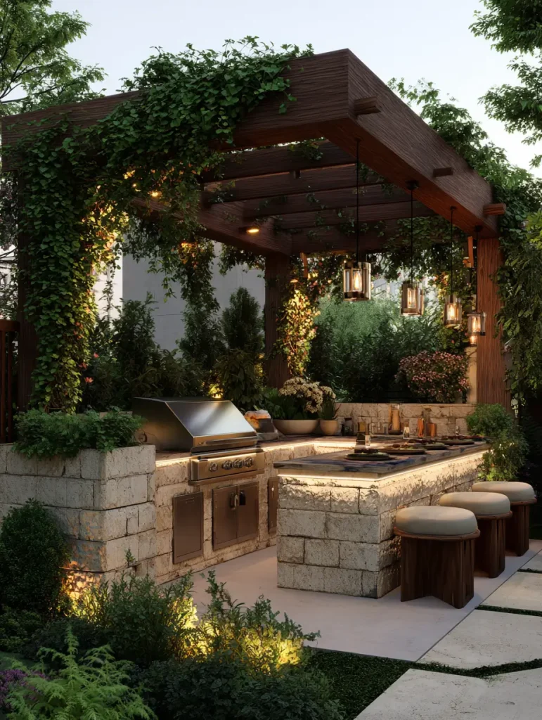 Outdoor kitchen with a built-in grill under a wooden pergola draped in lush greenery and hanging lantern lights.