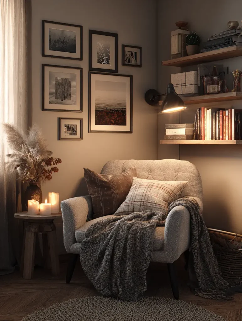 Cozy reading nook with a tufted armchair, plaid and patterned pillows, warm throw blanket, and soft candlelight, styled with wall art and shelves filled with books and decor.
