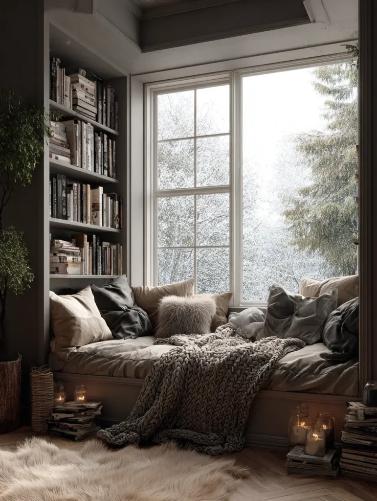 Cozy reading nook by a large window with built-in bench seating, layered cushions, soft knitted blankets, and surrounding bookshelves.