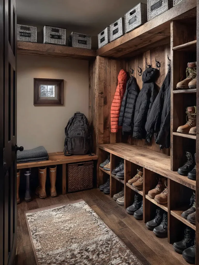 Rustic small mudroom with wooden cubbies, coat hooks, and labeled storage bins for rotating seasonal gear.