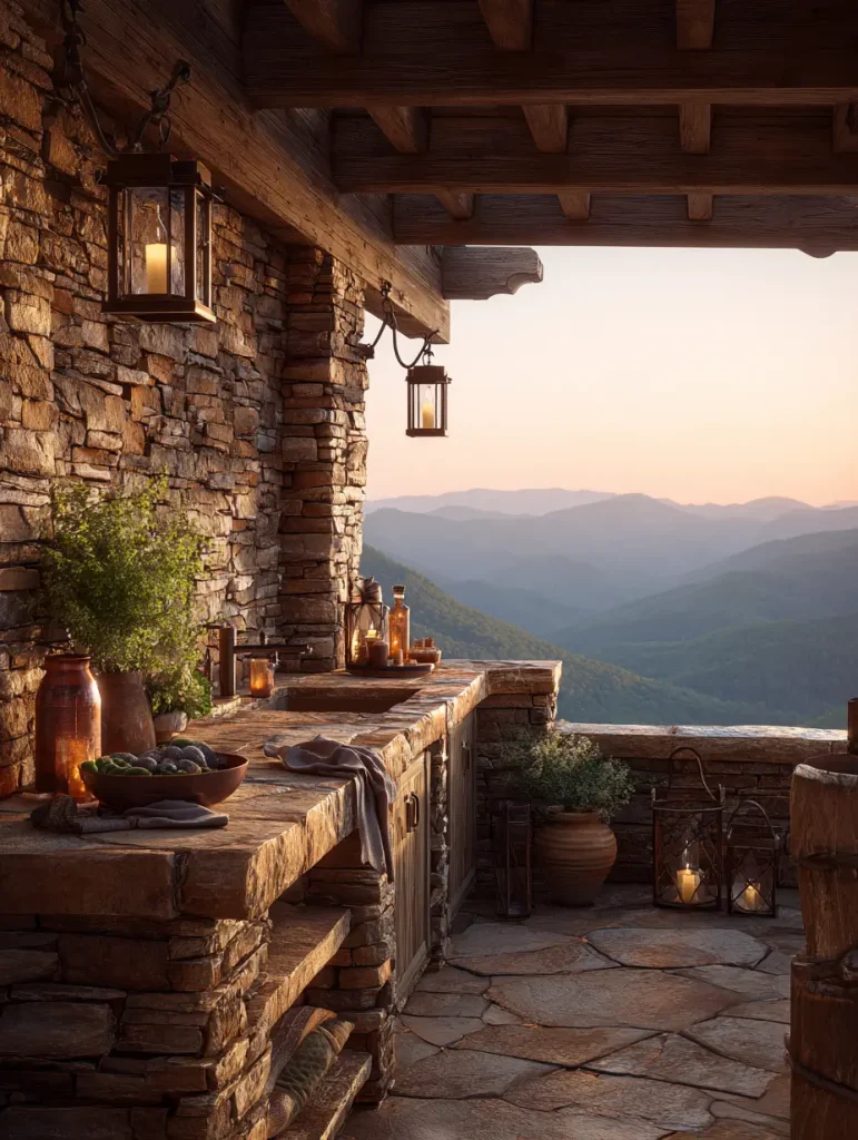 Rustic outdoor kitchen with natural stone countertops, open shelves, and a breathtaking mountain view at sunset.
