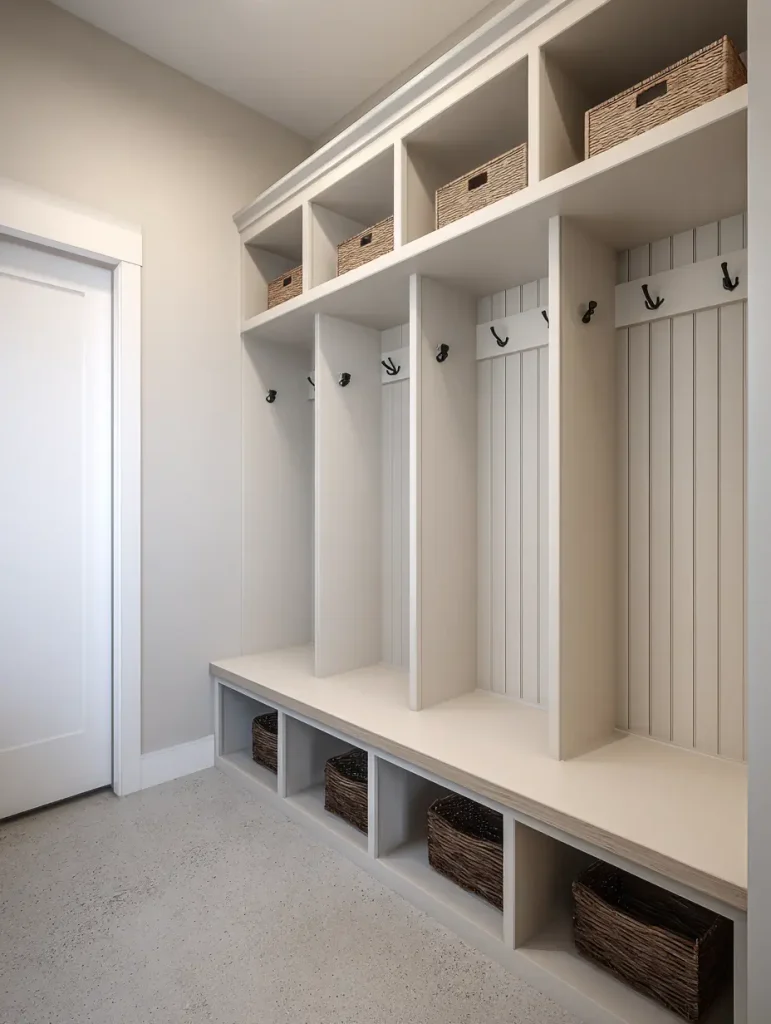 Vertical mudroom storage with individual cubbies, coat hooks, and woven baskets for organized entryway storage.
