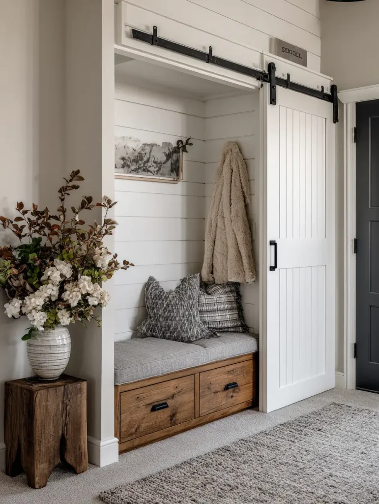 Small mudroom nook with a sliding barn-style door, built-in wooden bench with storage drawers, gray cushions, and decorative accents.