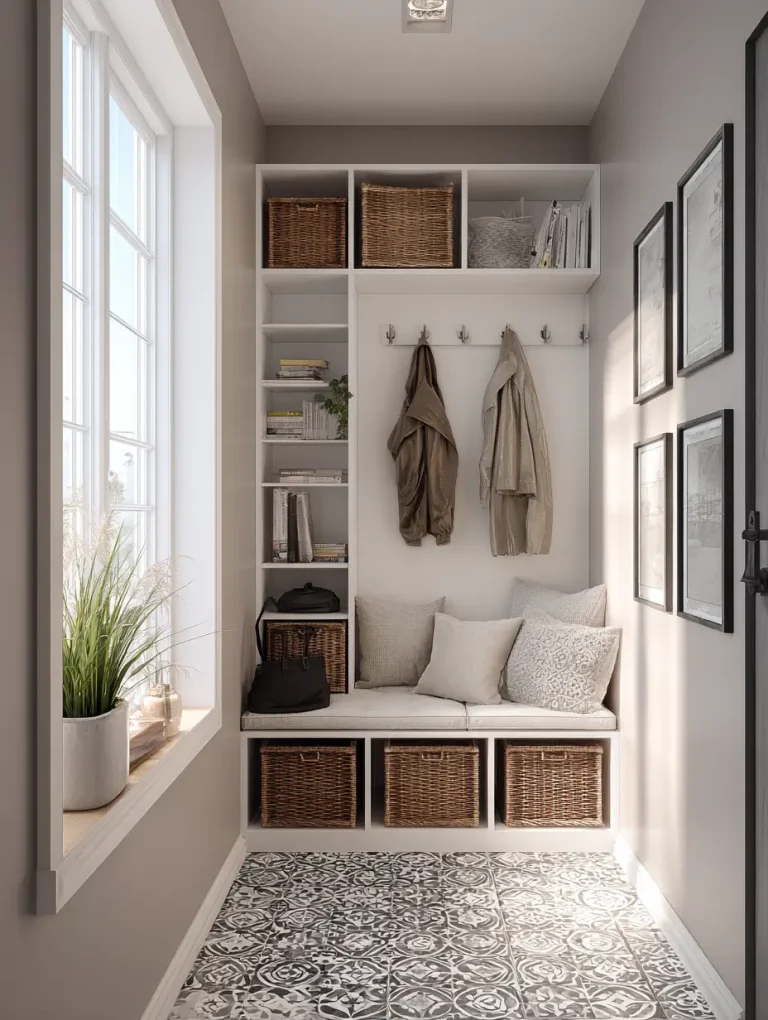 Small mudroom with built-in white shelving, wicker baskets, cushioned bench, and wall hooks for coats, designed with patterned tile flooring.