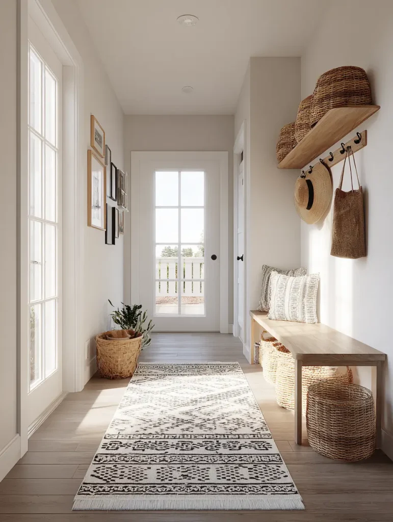 Hallway transformed into a mudroom with wooden bench, wicker baskets, wall hooks, and a patterned rug.