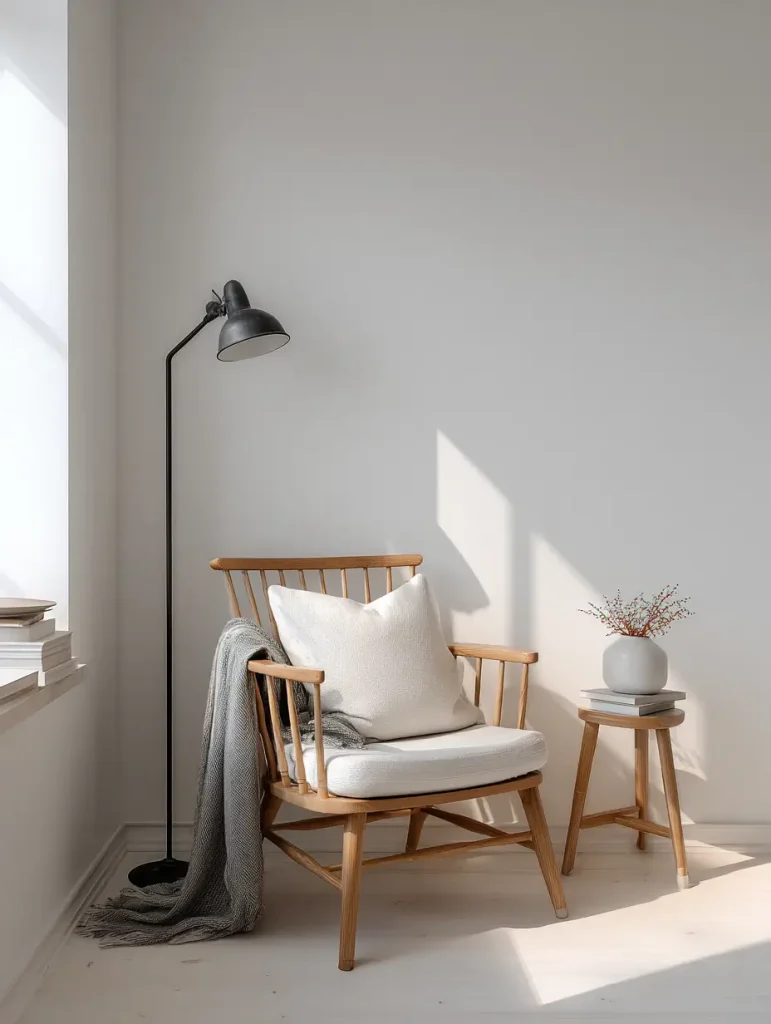Minimalist Scandinavian reading nook with a wooden chair, neutral cushions, gray throw blanket, and a small side table with a vase.