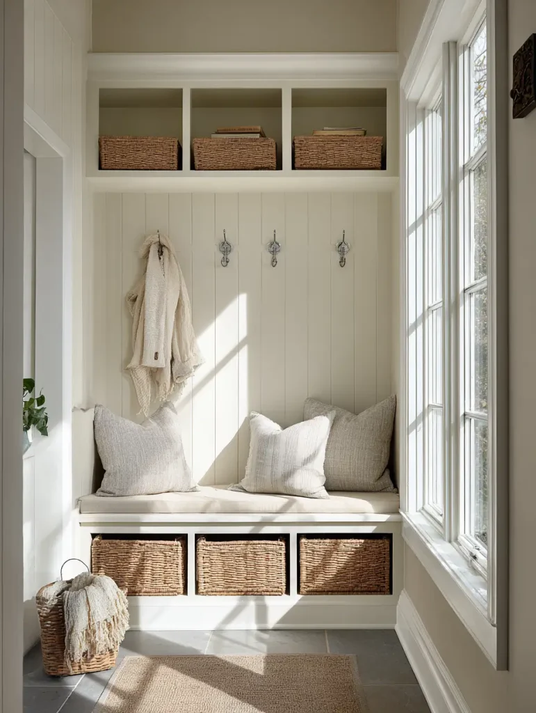 Wooden storage bench with woven baskets and decorative pillows in a bright small mudroom.