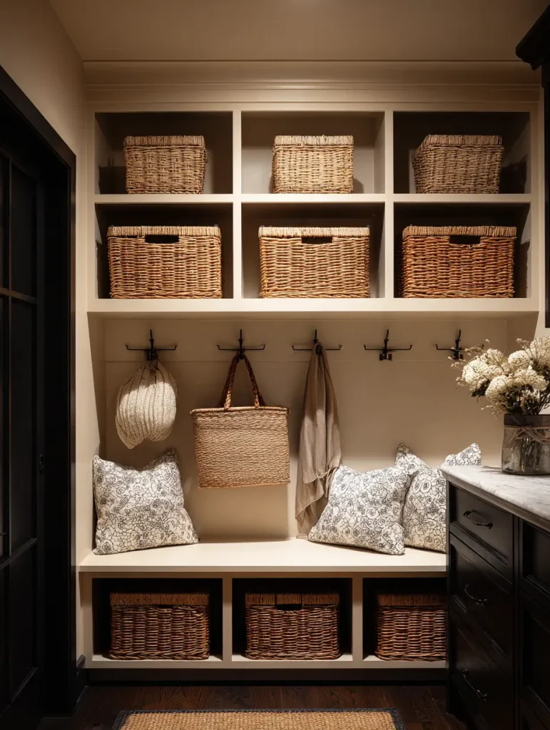 Small mudroom with built-in bench seating, decorative wicker baskets on shelves, and patterned throw pillows for a cozy, organized look.