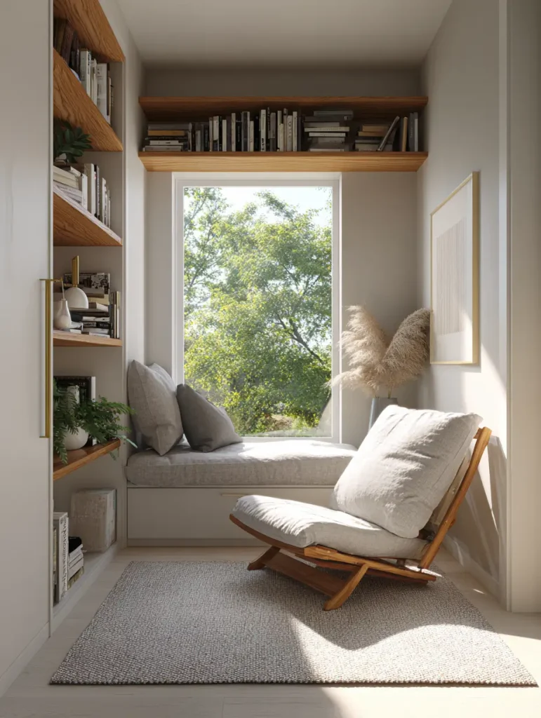 Small bedroom reading nook with built-in shelving, a cushioned window seat, and a low lounge chair with neutral upholstery, designed with functional multipurpose furniture.