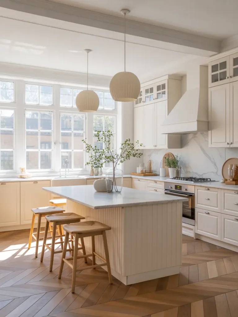 Bright white kitchen with a large island, three wooden stools, pendant lights, and natural wood flooring.
