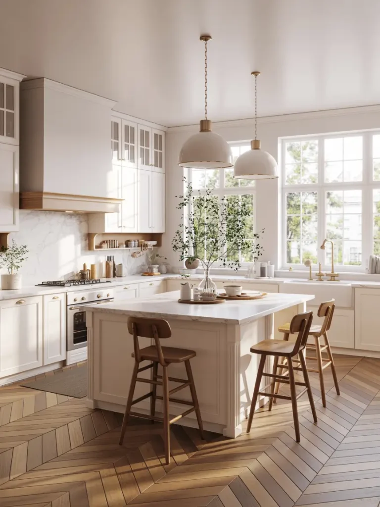 Bright white kitchen with marble countertops, large island, wooden bar stools, and natural light from tall windows.