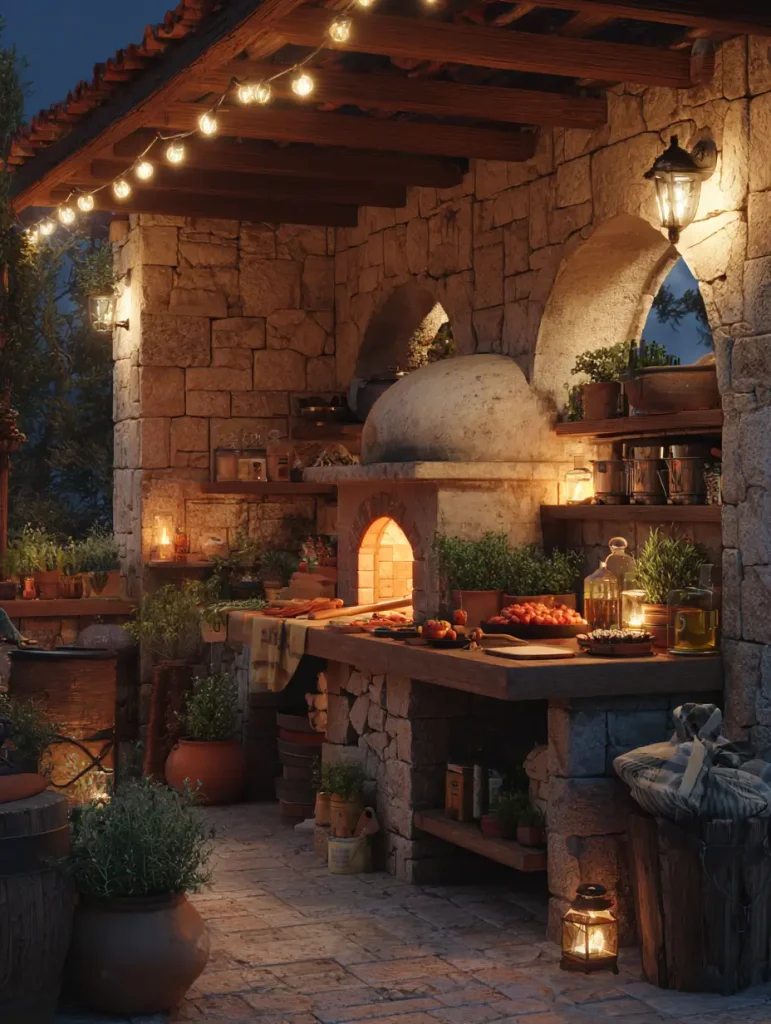 Rustic outdoor kitchen featuring a traditional wood-fired pizza oven set into a stone wall, surrounded by fresh herbs, wooden shelves, and ambient string lights for a cozy evening atmosphere.