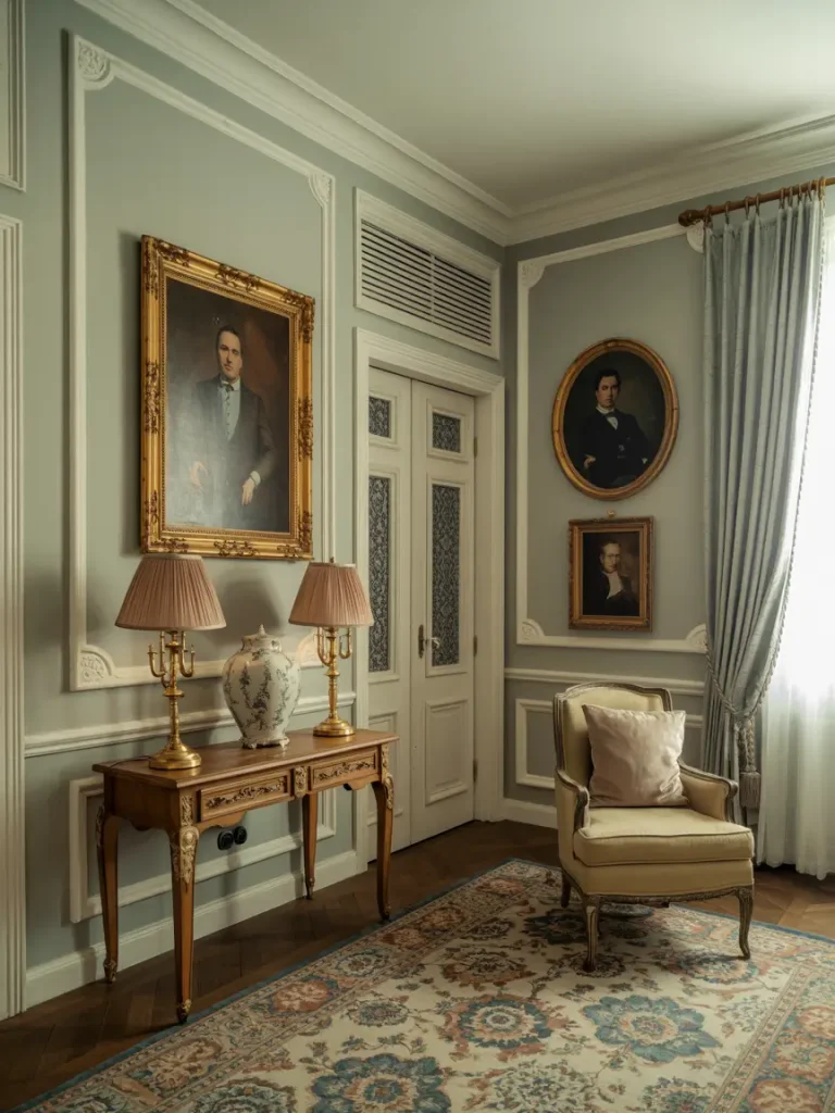 Elegant old money style living room with ornate wall paneling, classic portraits in gold frames, antique wooden console with table lamps, upholstered armchair, and vintage patterned area rug.