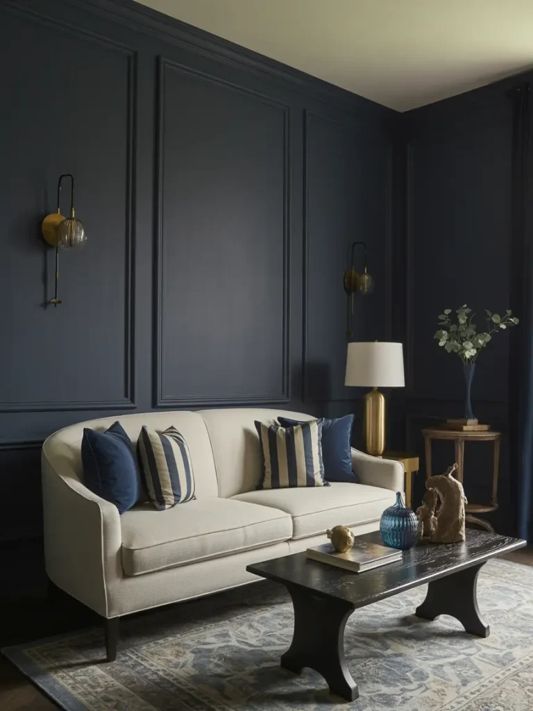 Classic living room with old money interior style, featuring navy blue paneled walls, a beige sofa with striped cushions, and a dark wood coffee table.