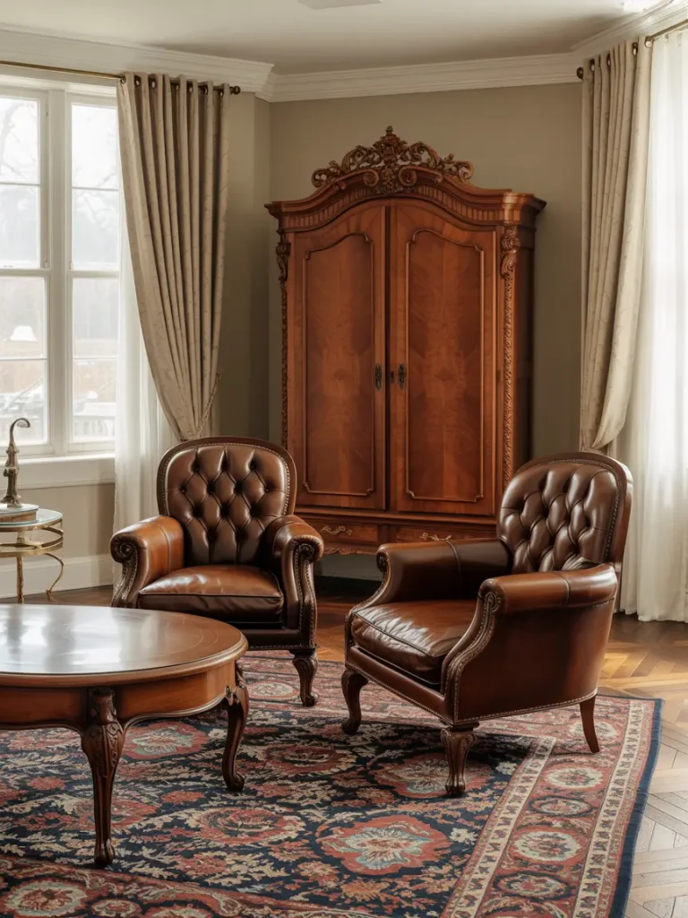 Classic old money living room with tufted leather armchairs, ornate wooden armoire, round coffee table, and vintage rug, showcasing timeless statement furniture.