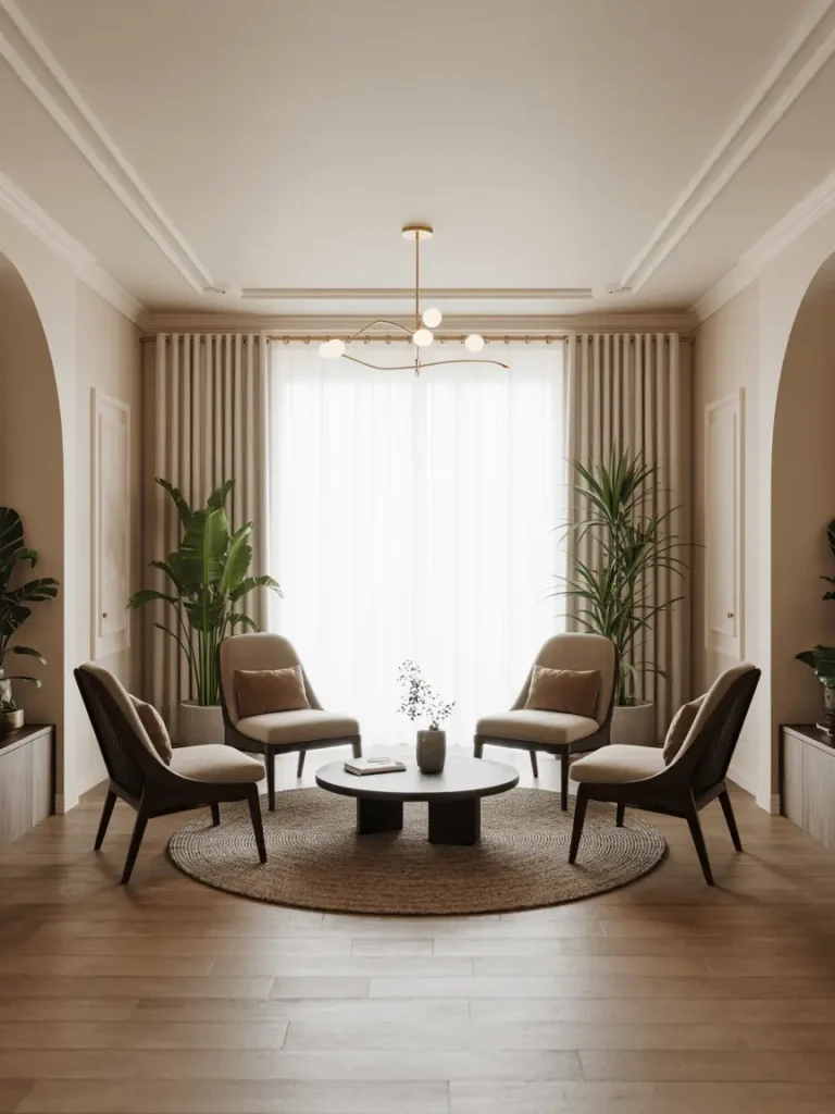 Modern 4-chair sitting area with neutral upholstered chairs arranged around a round coffee table on a woven rug, accented with tall indoor plants and natural light from large curtains.