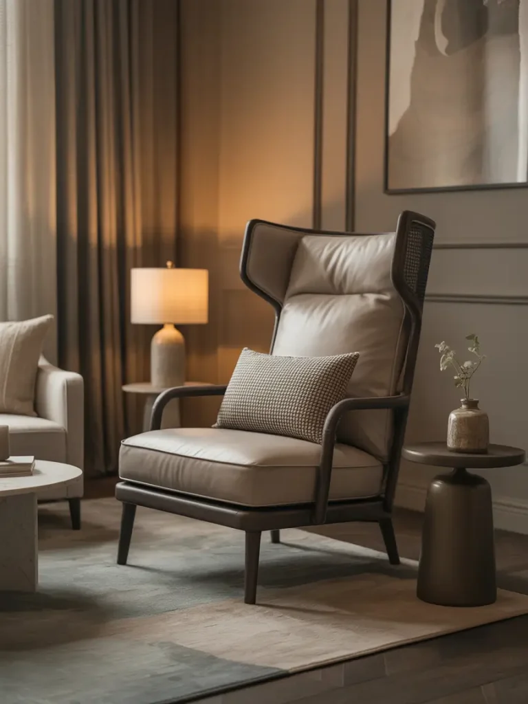 Accent chair with high back support and cushioned seat in a modern living room.