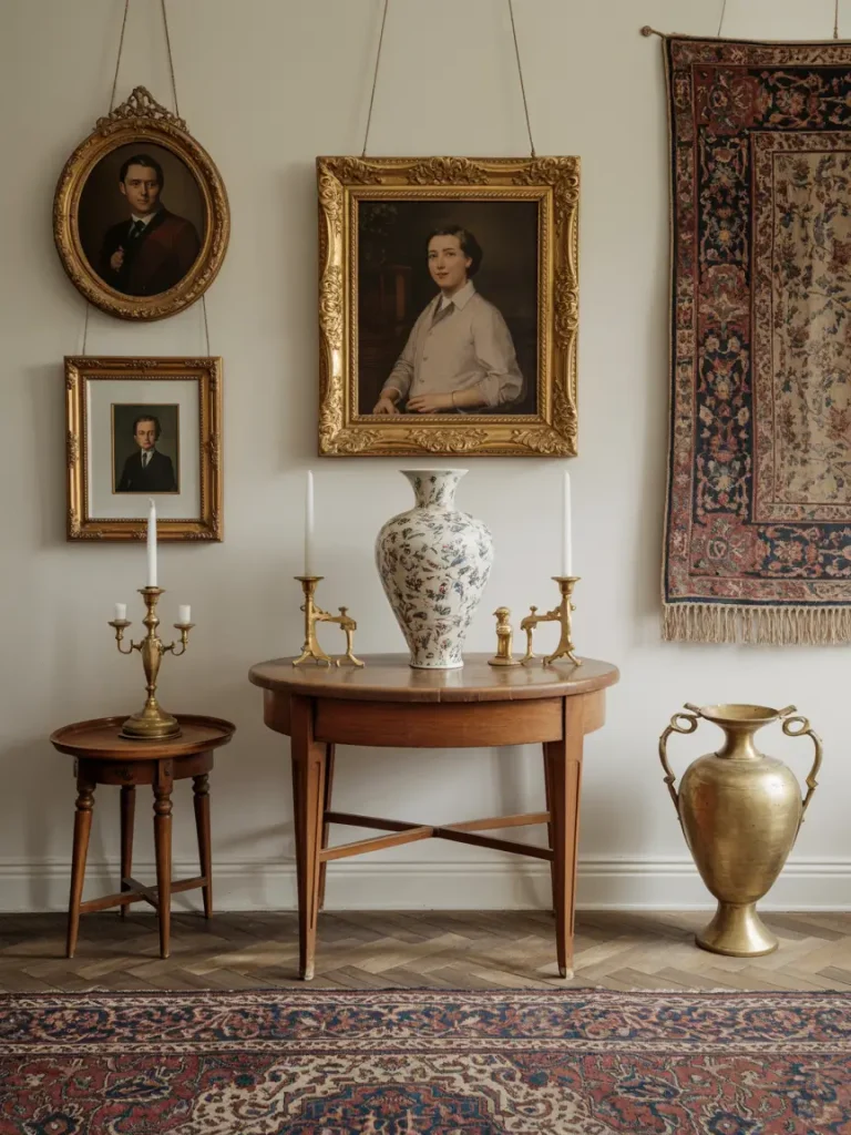 Elegant old money home entryway with antique portraits, ornate golden frames, Persian rug, and classic wooden table styled with brass candlesticks and a decorative vase.