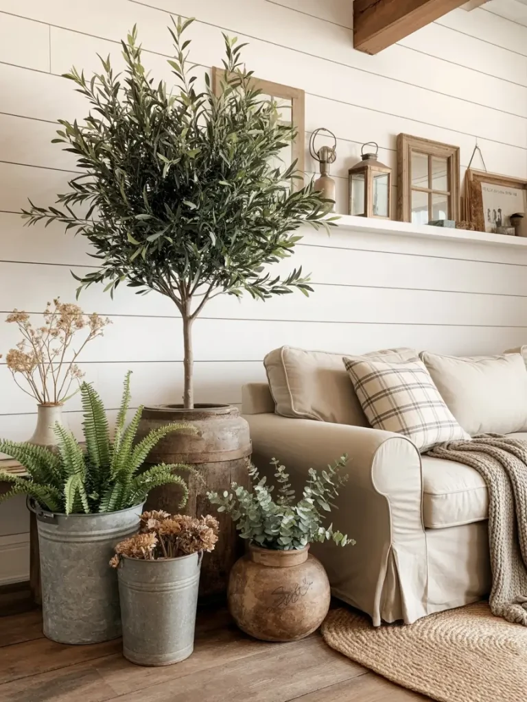 Farmhouse living room with potted greenery, rustic planters, and neutral sofa.