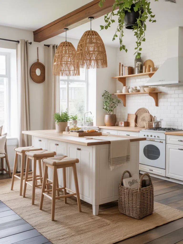 Modern farmhouse kitchen with rattan pendant lights, wooden island stools, and woven accents.