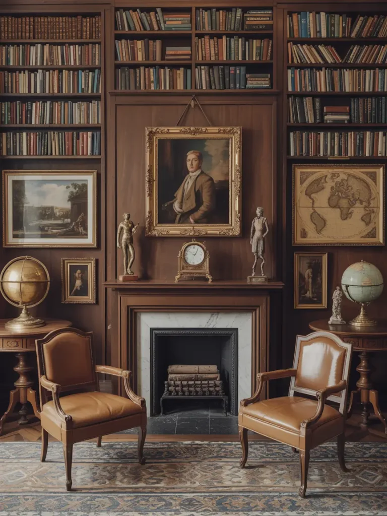 Old money style library with antique wooden bookshelves, vintage globes, classical paintings, and leather armchairs around a fireplace.