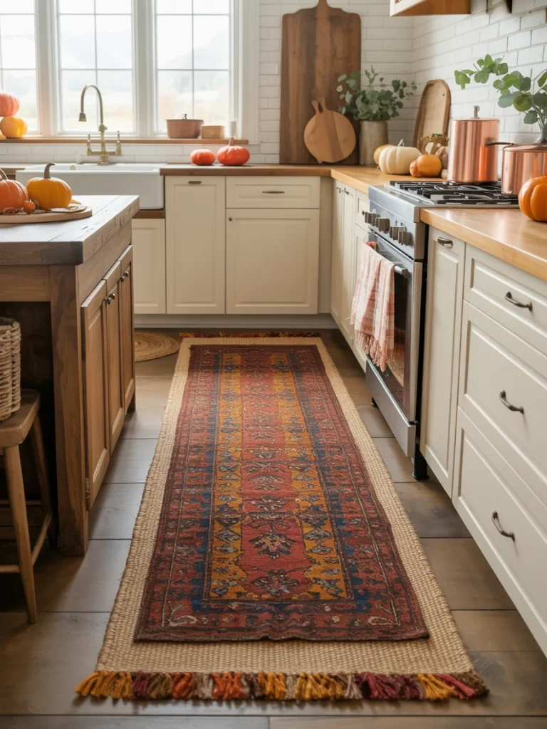 Autumn kitchen with a colorful patterned rug runner, white cabinets, wooden countertops, pumpkins, and copper accents.