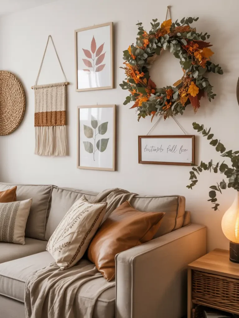Autumn-inspired wall decor with a cozy beige sofa, fall wreath, and seasonal framed artwork.