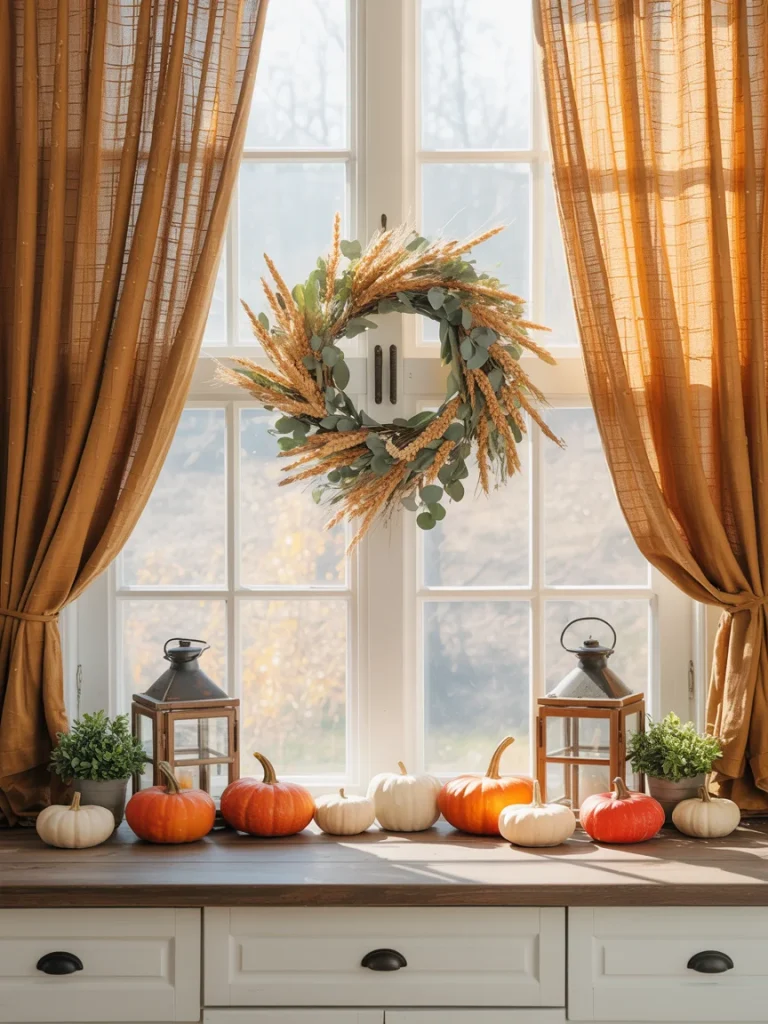 Autumn kitchen window decorated with pumpkins, lanterns, and a wheat wreath framed by warm orange curtains.