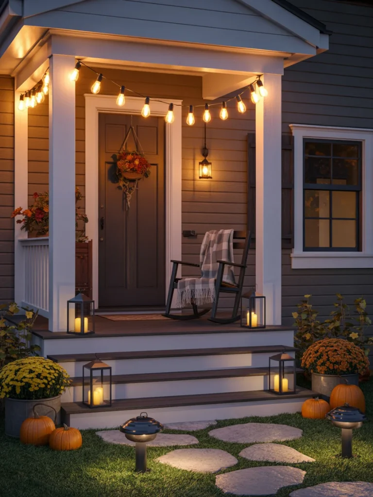 Cozy autumn porch decorated with string lights, lanterns, pumpkins, and mums, creating a warm evening glow.