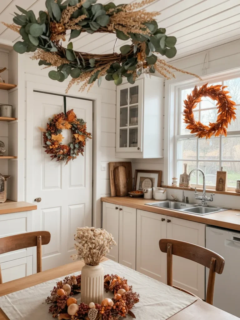 Autumn wreaths displayed on kitchen walls, windows, and ceiling with rustic farmhouse fall decor.