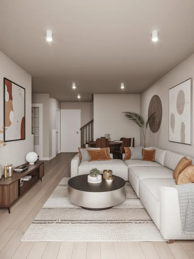 Modern basement design with a sectional sofa, round coffee table, and dining area in a bright neutral space.