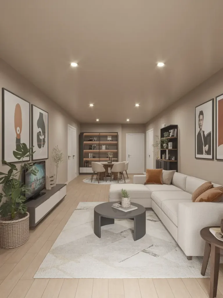Modern basement design with neutral tones, featuring a sectional sofa, round coffee table, wall-mounted TV, dining area, and built-in shelving for a cozy yet stylish living space.