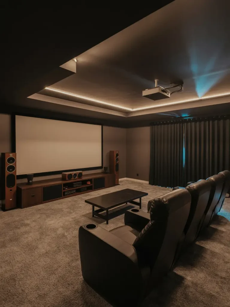 Modern basement entertainment room featuring a large projector screen, surround sound speakers, leather recliner seating, and cozy ambient lighting with a carpeted floor.